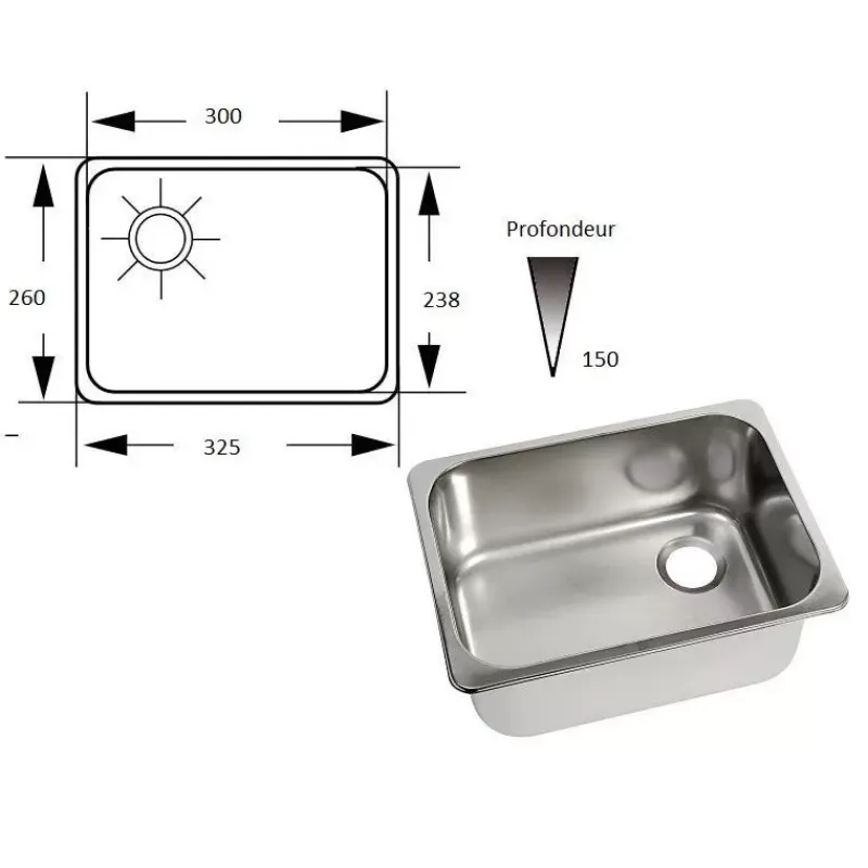 Evier rectangulaire inox | 260 x 325 mm*Can Discount